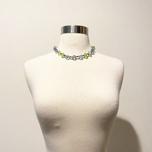488 Vintage Schiaparelli single-strand iridessant blue green bead necklace